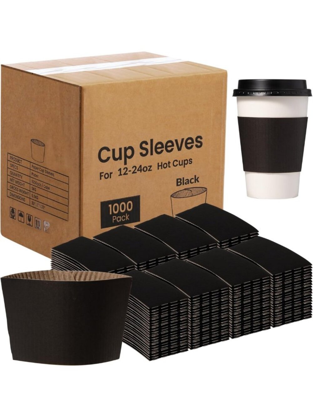 1000 Pack Disposable Coffee Sleeves for 12-24 oz Cups, Black Corrugated